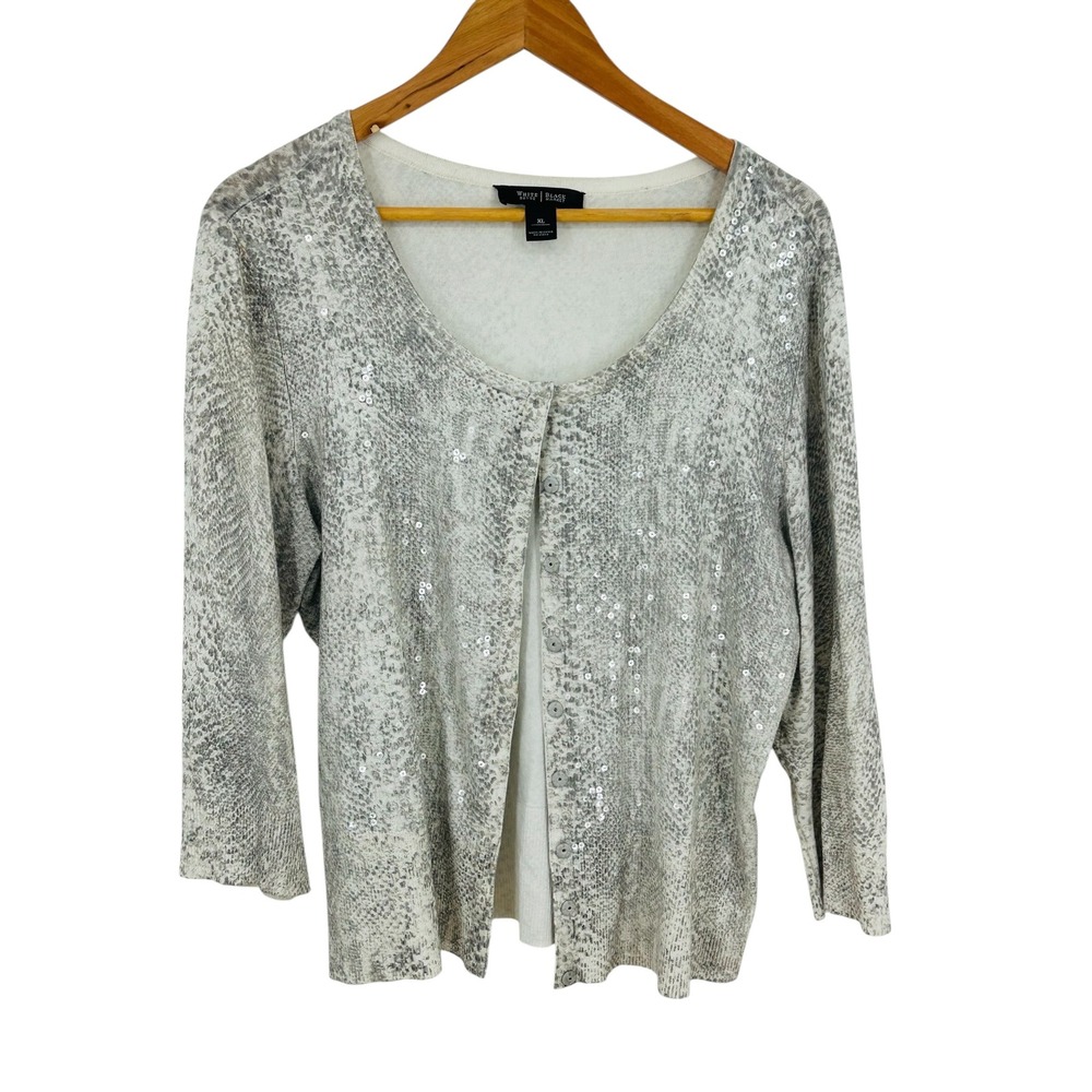 White House Black Market Snakeskin Sequin Cardigan XL Gray Animal Print Sweater
